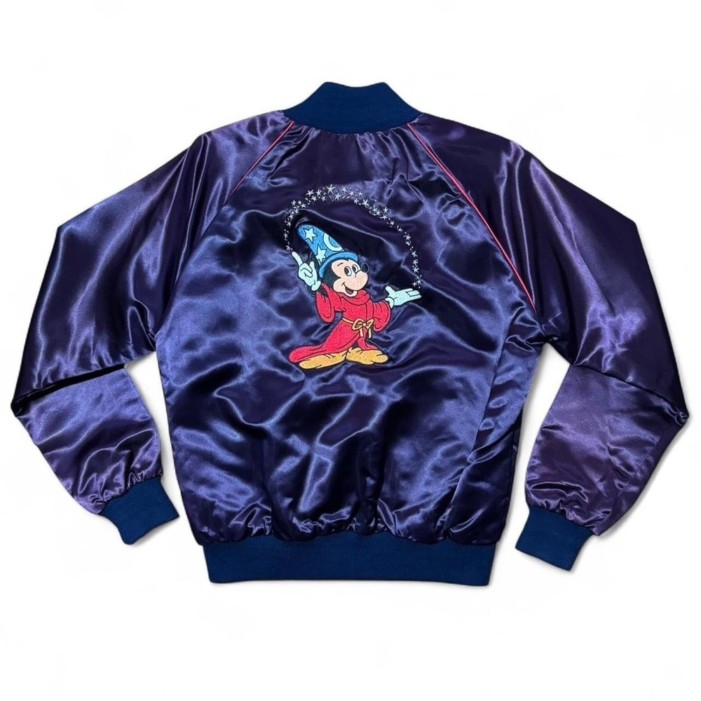 Vintage Maroon 80s Disney Fantasia Mickey Mouse Satin Bomber Zip-Up Jacket 21x24